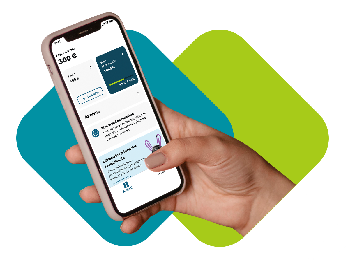Nutitelefon käes, ekraanil hägused tekst ja numbrid; taustal sinised ja rohelised kujundid
