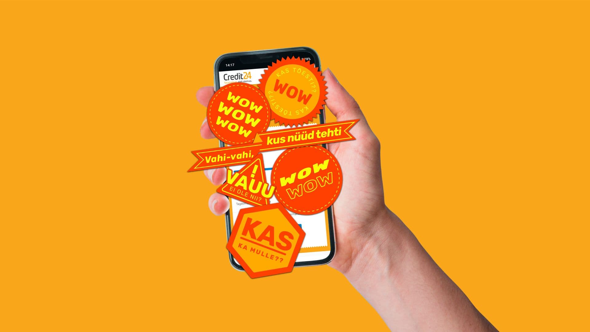 Mobiiltelefon WOW-koomiksite ja oranži taustaga